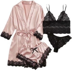 Satin Robe and Lace Lingerie 3-Piece Set